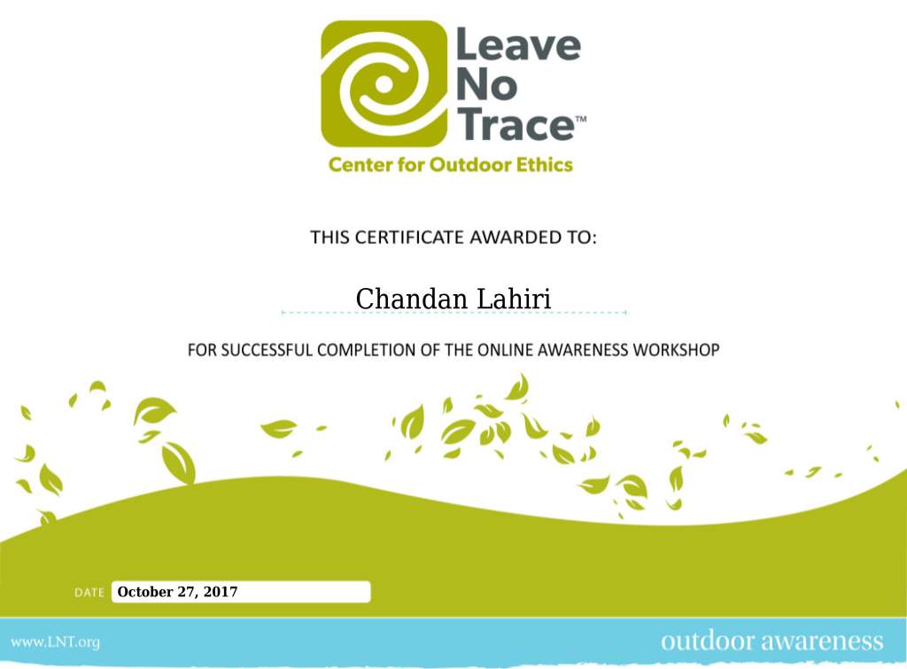 Chandan Lahiri Leave No Trace Certificate